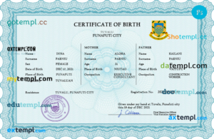 editable template, Tuvalu vital record birth certificate PSD template