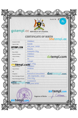 editable template, Uganda birth certificate PSD template, completely editable