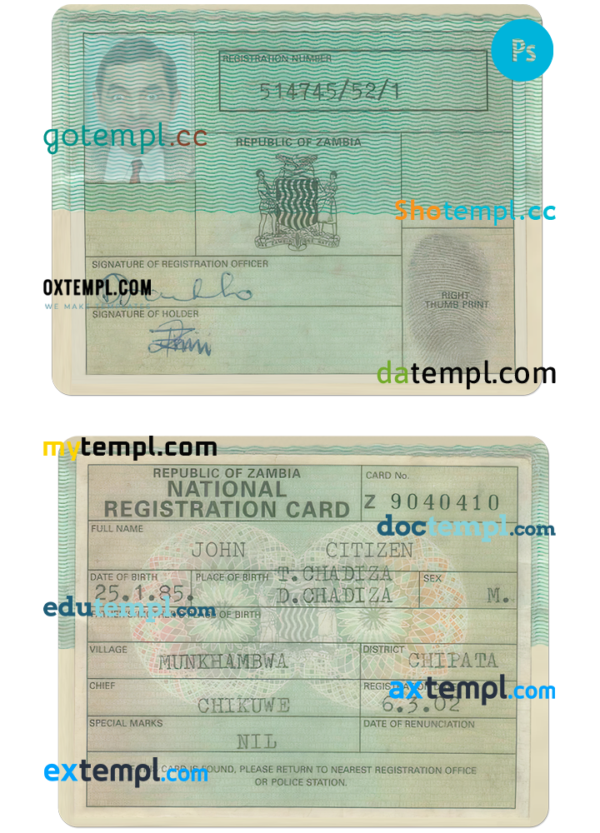 editable template, ZAMBIA national registration card PSD template