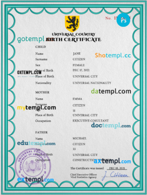 editable template, # action universal birth certificate PSD template, fully editable