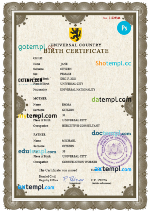 editable template, # allied universal birth certificate PSD template, fully editable