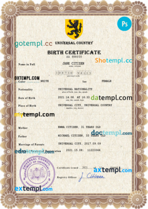 editable template, # ammo universal birth certificate PSD template, completely editable