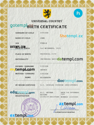 editable template, # blackout universal birth certificate PSD template, completely editable