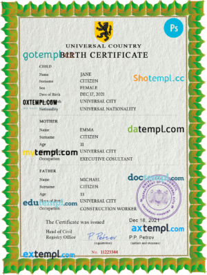 editable template, # bold universal birth certificate PSD template, fully editable