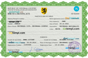 editable template, # dime project universal birth certificate PSD template, completely editable