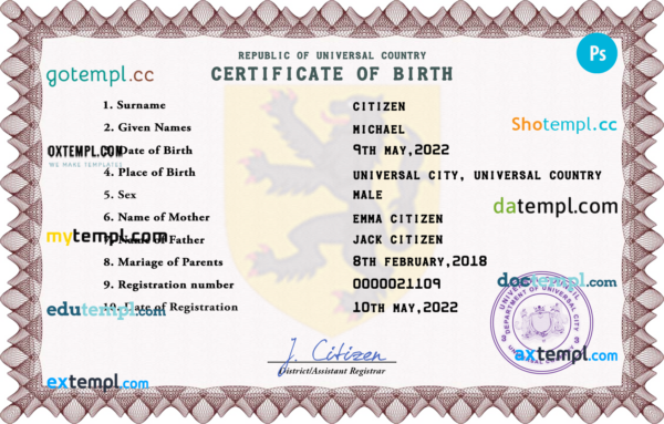 editable template, # discover universal birth certificate PSD template, fully editable