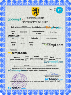 editable template, # flow universal birth certificate PSD template, fully editable