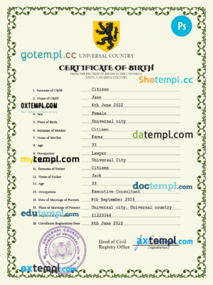 editable template, # foster universal birth certificate PSD template, fully editable