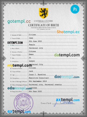 editable template, # horizon universal birth certificate PSD template, fully editable