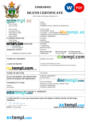 editable template, Zimbabwe vital record death certificate Word and PDF template