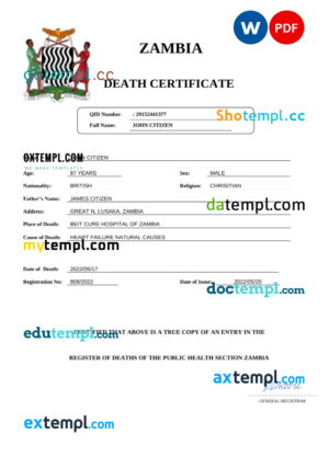 editable template, Zambia vital record death certificate Word and PDF template