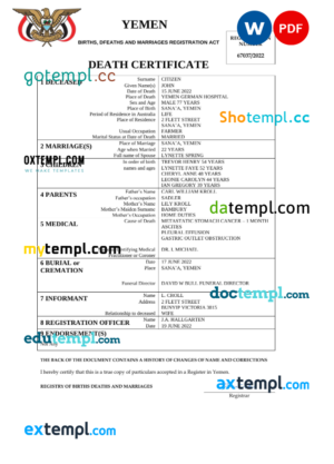 editable template, Yemen death certificate Word and PDF template, completely editable