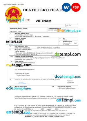editable template, Vietnam vital record death certificate Word and PDF template