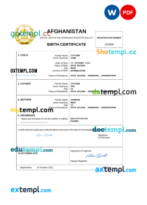 editable template, Afghanistan vital record birth certificate Word and PDF template, fully editable