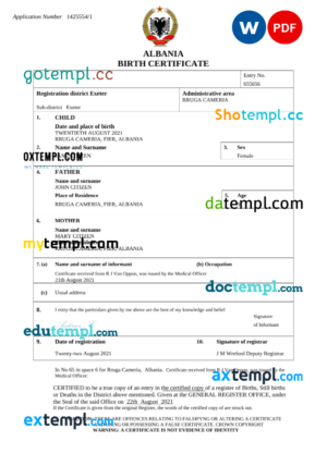 editable template, Albania birth certificate Word and PDF template, completely editable
