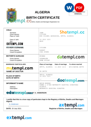 editable template, Algeria vital record birth certificate Word and PDF template, completely editable