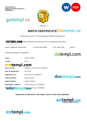 editable template, Andorra vital record birth certificate Word and PDF template