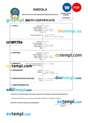 editable template, Angola vital record birth certificate Word and PDF template, fully editable