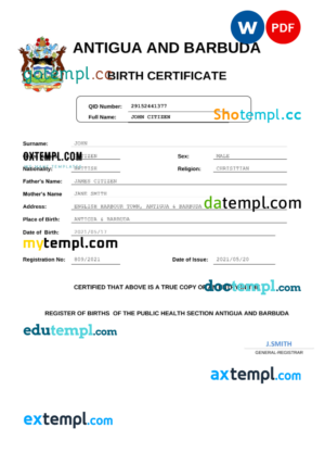 editable template, Antigua and Barbuda birth certificate Word and PDF template, completely editable