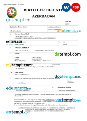 editable template, Azerbaijan vital record birth certificate Word and PDF template, fully editable