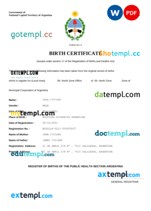 editable template, Argentina birth certificate Word and PDF template, completely editable