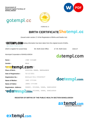 editable template, Bangladesh vital record birth certificate Word and PDF template, fully editable