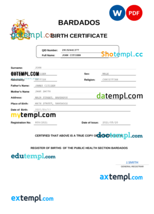 editable template, Barbados birth certificate Word and PDF template, completely editable