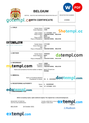 editable template, Belgium vital record birth certificate Word and PDF template