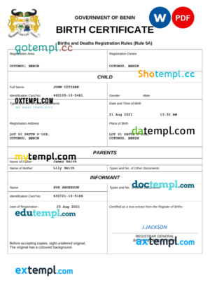 editable template, Benin birth certificate Word and PDF template, completely editable