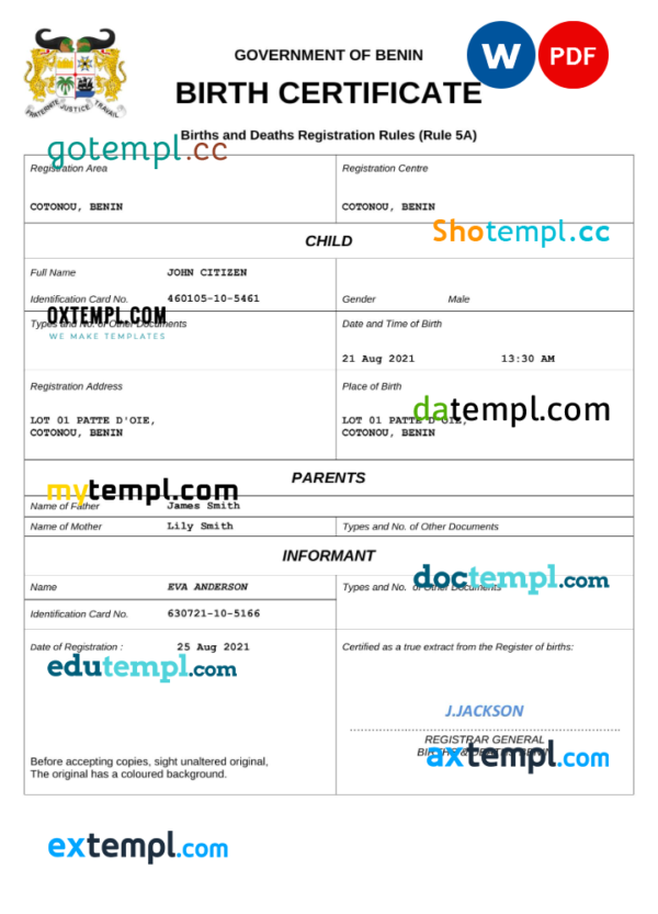 editable template, Benin birth certificate Word and PDF template, completely editable