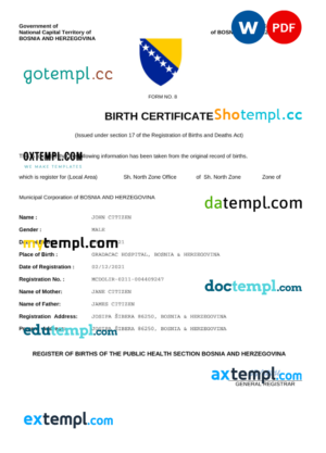 editable template, Bosnia and Herzegovina vital record birth certificate Word and PDF template, fully editable