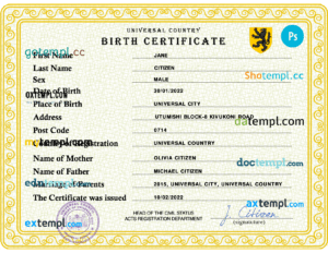 editable template, # power universal birth certificate PSD template, completely editable