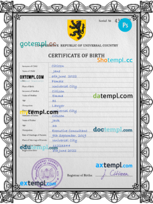 editable template, # trident universal birth certificate PSD template, fully editable