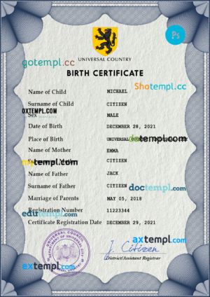 editable template, # universbia universal birth certificate PSD template, completely editable