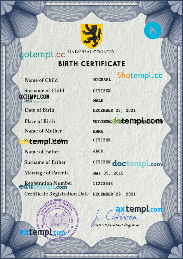 editable template, # universbia universal birth certificate PSD template, completely editable