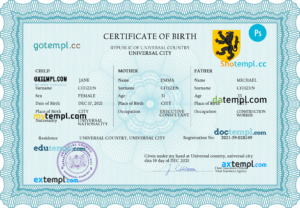 editable template, # voice universal birth certificate PSD template, completely editable