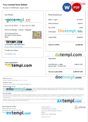 editable template, Belize Airbnb booking confirmation Word and PDF template