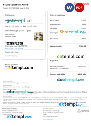editable template, Sudan Airbnb booking confirmation Word and PDF template