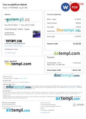 editable template, Suriname Airbnb booking confirmation Word and PDF template