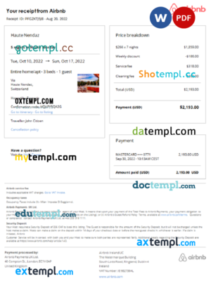 editable template, Switzerland Airbnb booking confirmation Word and PDF template