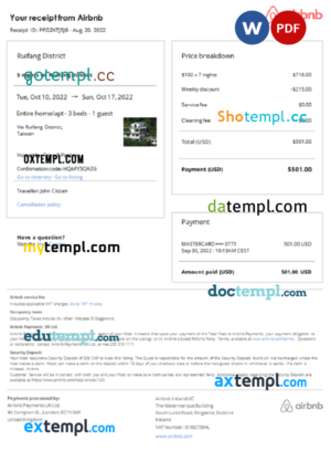 editable template, Taiwan Airbnb booking confirmation Word and PDF template