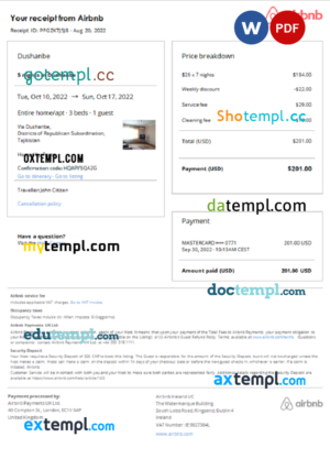 editable template, Tajikistan Airbnb booking confirmation Word and PDF template