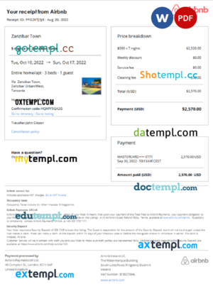 editable template, Tanzania Airbnb booking confirmation Word and PDF template