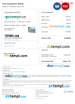 editable template, Thailand Airbnb booking confirmation Word and PDF template