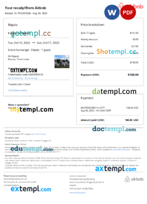 editable template, Timor Leste Airbnb booking confirmation Word and PDF template