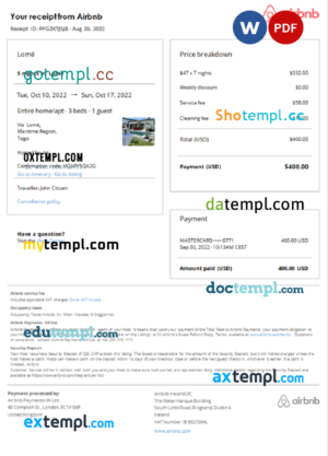 editable template, Togo Airbnb booking confirmation Word and PDF template