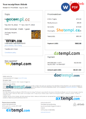 editable template, Turkey Airbnb booking confirmation Word and PDF template