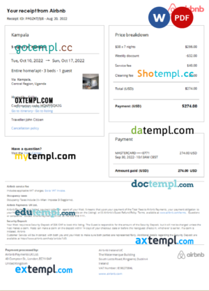 editable template, Uganda Airbnb booking confirmation Word and PDF template