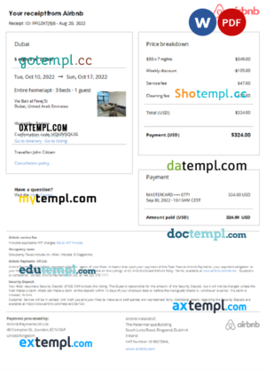 editable template, United Arab Emirates Airbnb booking confirmation Word and PDF template