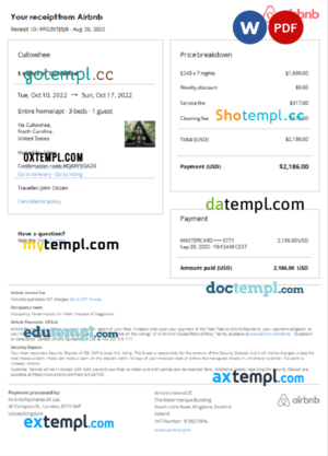 editable template, USA Airbnb booking confirmation Word and PDF template